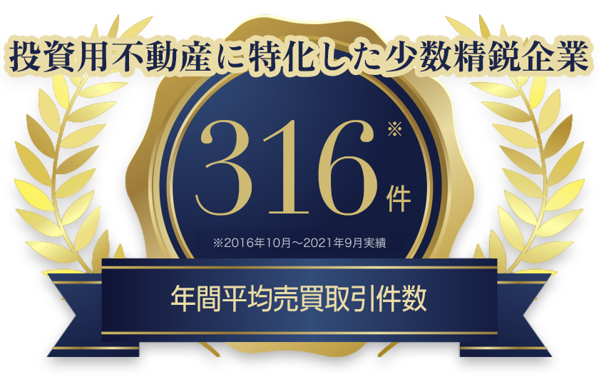 投資用不動産に特化した少数精鋭企業 316件 ※2016年10月〜2021年9月実績 年間平均売買取引件数